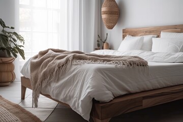 Close up of a wooden bed with a white pillow and blanket against a white bedroom wall in daylight. Interior design for a resort or relaxing hotel room that emphasizes comfort and modern design