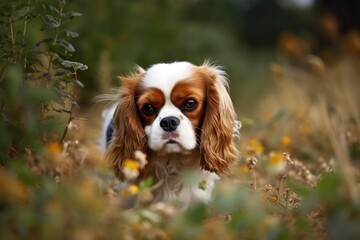 Cavalier King Charles Spaniel dog outdoor photograph. Generative AI