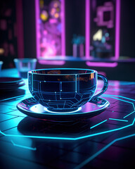 Cyberpunk cybernetic neon teacup, Tron inspired, blue and purple background. AI generated