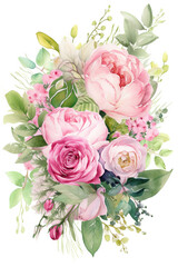 A pink and green posy bouquet in watercolor rendering. AI generated