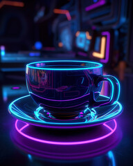 Cyberpunk cybernetic neon teacup, Tron inspired, blue and purple background. AI generated