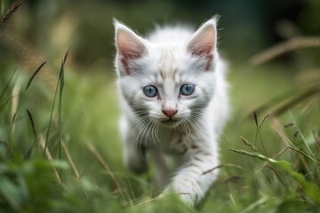 Naklejka na ściany i meble kitten running and rolling on grass. Generative AI