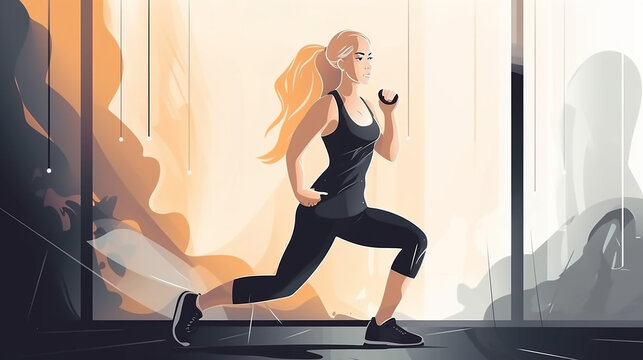 Iconic picture of a blonde woman in black training clothes at the gym. Generative AI