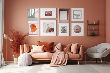 Poster showcase in a room with a flat color scheme, five frames on the wall, and a monochromatic orange pinkish gallery wall with furniture and plants. Generative AI