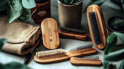 Eco-friendly grooming tools, featuring bamboo brushes and wooden combs in a flat lay, Created with generative Ai Technology.