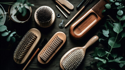 Fototapeta na wymiar Eco-friendly grooming tools, featuring bamboo brushes and wooden combs in a flat lay, Created with generative Ai Technology.