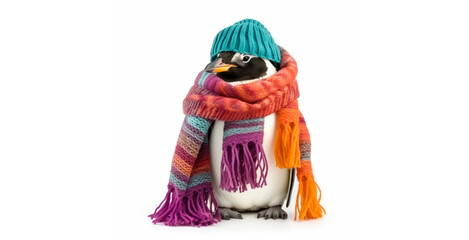 Penguin with wool winter hat and scarf. Isolated white. Generative AI