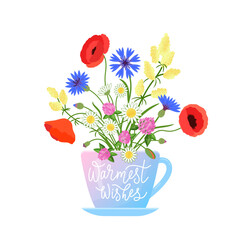 Bouquet of meadow flowers in the cup with lettering. Vector color isolated illustration. Can be used as greeting card.	