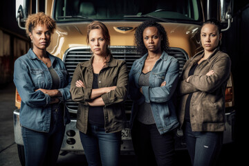 Women truckers united, promoting diversity and fostering inclusive empowerment in the workplace. Generative AI.  
