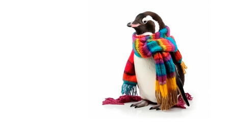 Penguin with wool winter scarf. Isolated white. Generative AI