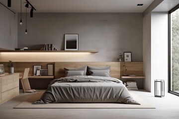Grey bedroom decor with lighting over a mockup of a horizontal wall, wood materials, niche shelves, a window with a view, a desk for a home office, a bed, and a concrete floor. concept for contemporar