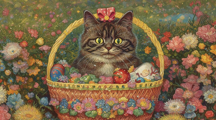 Painting of kitten in a basket with flowers, generative ai