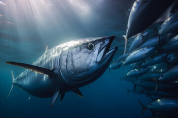 bluefin tuna underwater among small fish generated by ai