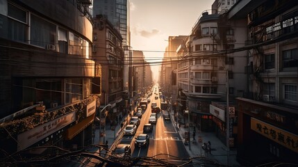 Fototapeta premium A beautiful and dramatic panoramic photograph of the city skyline, taken on a golden evening after sunset. Generative Ai.