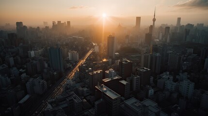 A beautiful and dramatic panoramic photograph of the city skyline, taken on a golden evening after sunset. Generative Ai.