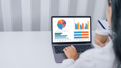 Rear view, using laptop, mock up, Young confident asia people entrepreneur ceo female business woman broker in suit office worker, help clients.