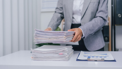 Holding stack of papers, Young confident asia people entrepreneur ceo female business woman broker...