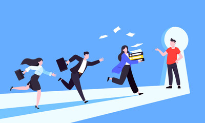 Unlock your opportunity concept with keyhole and ambitious people running to career potential and work financial success flat style vector illustration. New way business beginnings and unlock future.