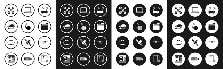 Set Router and wi-fi signal, Social network, Electric car, Drone flying, Document folder, Laptop, and Smartwatch icon. Vector