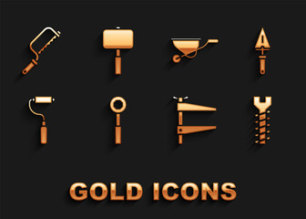 Set Wrench spanner, Trowel, Metallic screw, Clamp tool, Paint roller brush, Wheelbarrow, Hacksaw and Sledgehammer icon. Vector