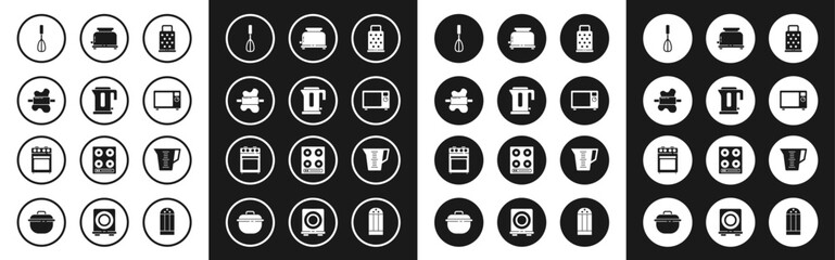 Set Grater, Electric kettle, Rolling pin on dough, Kitchen whisk, Microwave oven, Toaster, Measuring cup and Oven icon. Vector