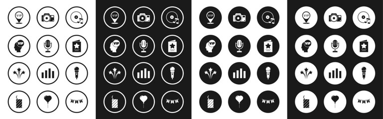 Set Vinyl disk, Microphone, Vip inside head, Location, Greeting card, Photo camera, and Firework icon. Vector