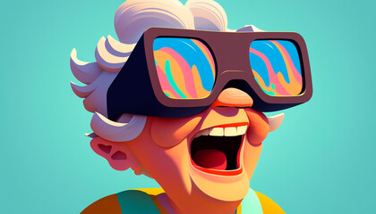 Fototapeta na wymiar Happy old lady in virtual reality glasses, Generative AI technology