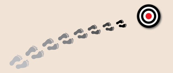 Footprint with target on brown background. Concept for Business target or goal success and winner, Chance to success, Moving forward. shadow overlay. copy space for the text. paper cut design style.