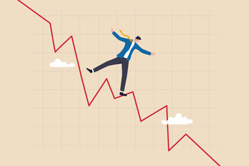 Investing in market downturn, recession or financial crisis, short sell or make profit in stock market, crypto currency decline concept, smart businessman trader acrobat walking on red decline graph.
