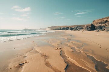 Fototapeta na wymiar Amazing beach with endless horizon and traces on the sand. Generative Ai.
