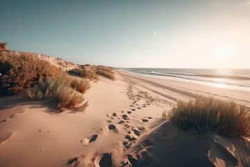 Fototapeta na wymiar Amazing beach with endless horizon and traces on the sand. Generative Ai.