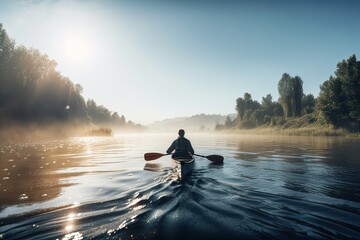 Rear view of kayaker man paddle kayak at sunset sea. Kayaking, canoeing, paddling. Generative Ai.