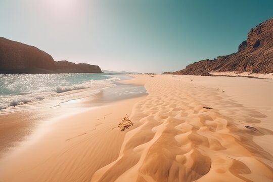 Amazing beach with endless horizon and traces on the sand. Generative Ai.