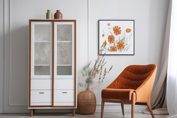 A chic home interior with a brown mock up frame, books, an orange chair, a plant, and flowers in a vase. cozy interior design. a minimalistic idea. a vintage style cupboard. Generative AI