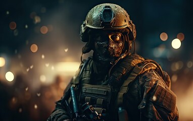 Naklejka premium Professional soldier dressed in protective uniform against fire. soldier in uniform of special forces in a dangerous military action in a dangerous enemy area. Non-existent person. Generative Ai.