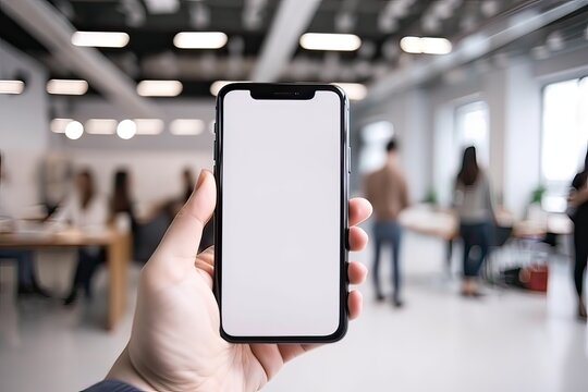 Close up view of hands holding mock up smart phone with modern office blurred background. generative Ai