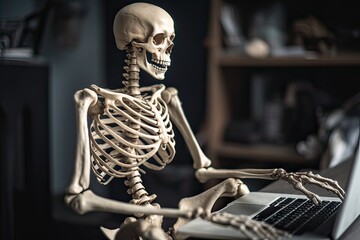 Skeleton businessman working in the office. dead skeleton working at office. Generative Ai. - obrazy, fototapety, plakaty
