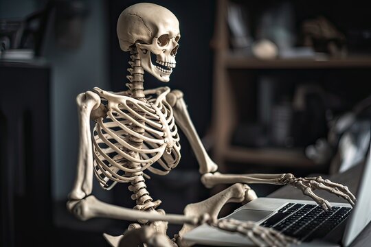 Skeleton businessman working in the office. dead skeleton working at office. Generative Ai.