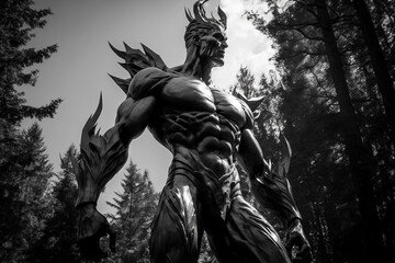 In the midst of a dark and ominous forest, a towering figure looms over the trees. The devil man stands at staggering 12 feet tall, his muscular frame rippling with veins and tendons. heroic pose. Ai