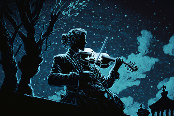 Midnight Serenade. a lone silhouette figure holding a violin under their chin, with their bow poised to play under a tree.The figure is a young musician, lost in thought as she prepare to play. Ai