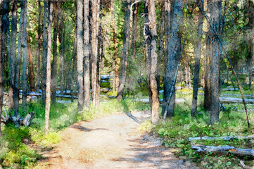 Digitally created watercolor painting of a hiking trail through the wilderness in Yellowstone National Park