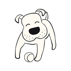 Cute cartoon dog, puppy playing with ball funny character illustration. Hand drawn vector, isolated. Line drawing. Domestic animal logo. Design concept pet food, branding, business, vet, print, poster