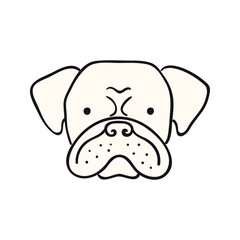 Bulldog dog, puppy face cute funny cartoon character illustration. Hand drawn vector, isolated. Line art. Domestic animal logo. Design concept pet food, branding, business, vet, print, poster