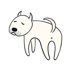 Cute cartoon sitting dog, puppy looking back funny character illustration. Hand drawn vector, isolated. Line drawing. Domestic animal logo. Design concept pet food, branding, business, vet, print