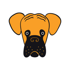 Boxer dog, puppy face cute funny cartoon character illustration. Hand drawn vector, isolated. Line art. Domestic animal logo. Design concept pet food, branding, business, vet, print, poster
