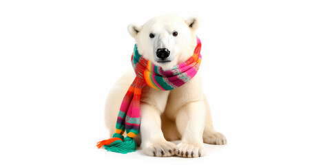 Polar bear with wool winter scarf. Isolated white. Generative AI