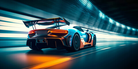 Naklejka premium Speeding Through the Light: Futuristic Sport racing car at high speed riding in illuminated road tunnel. Generative AI