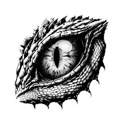 Dragon or dinosaur monster eye tattoo, t-shirt print. Vector tshirt mockup with monochrome reptile eyeball and spiky skin. Black and white fantasy creature pupil. Mythical animal silhouette
