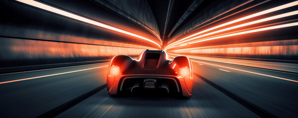 Fototapeta premium Speeding Through the Light: Futuristic Sport racing car at high speed riding in illuminated road tunnel. Generative AI