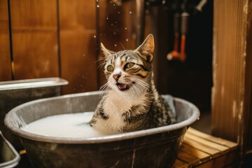 Beautiful cat washing and licking itself in a rustic room while laughing at itself. adorably clean and groomed tabby. room for text. grooming idea. Generative AI